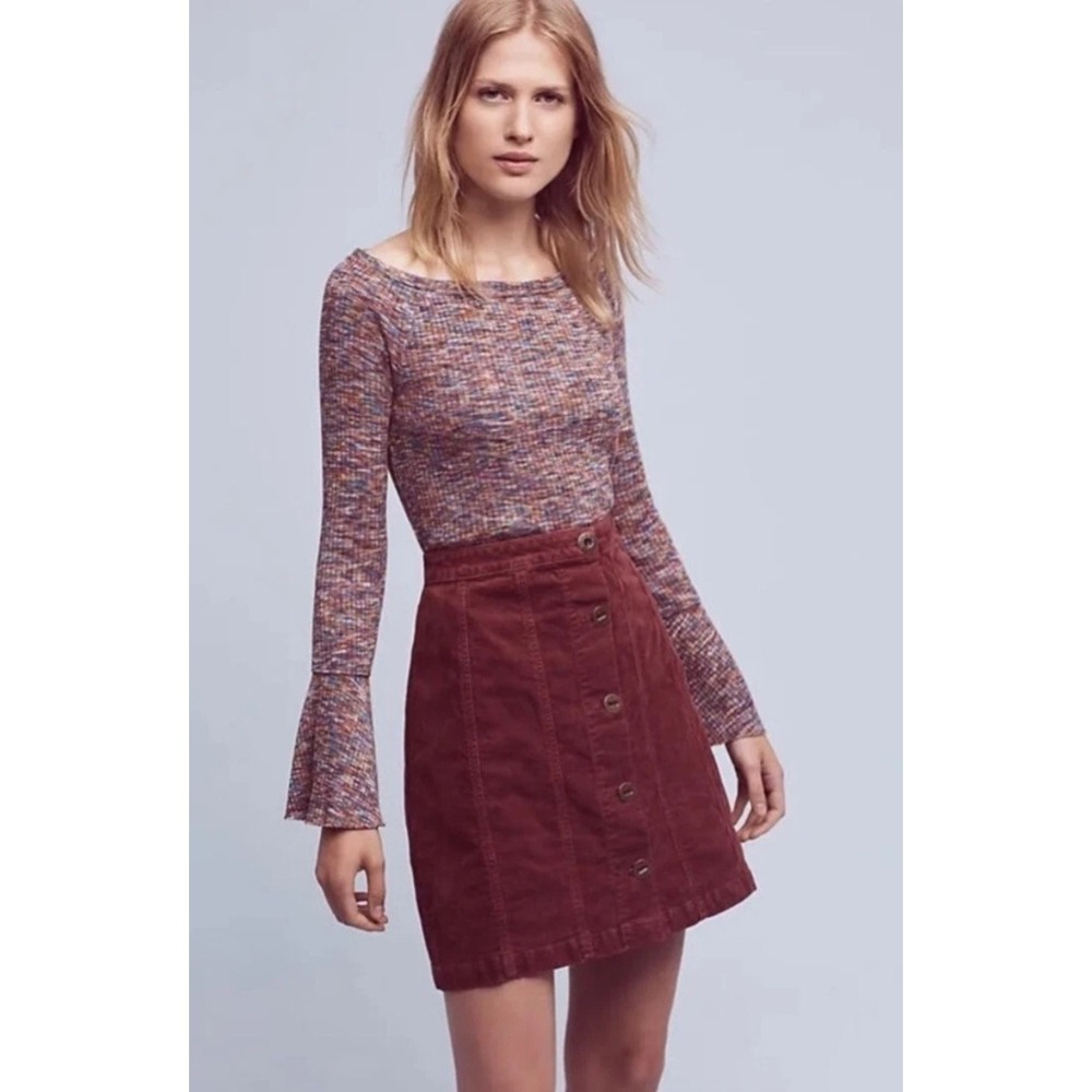 Pilcro & The Letterpress Anthropologie Maroon Corduroy Skirt Button Front Sz 0